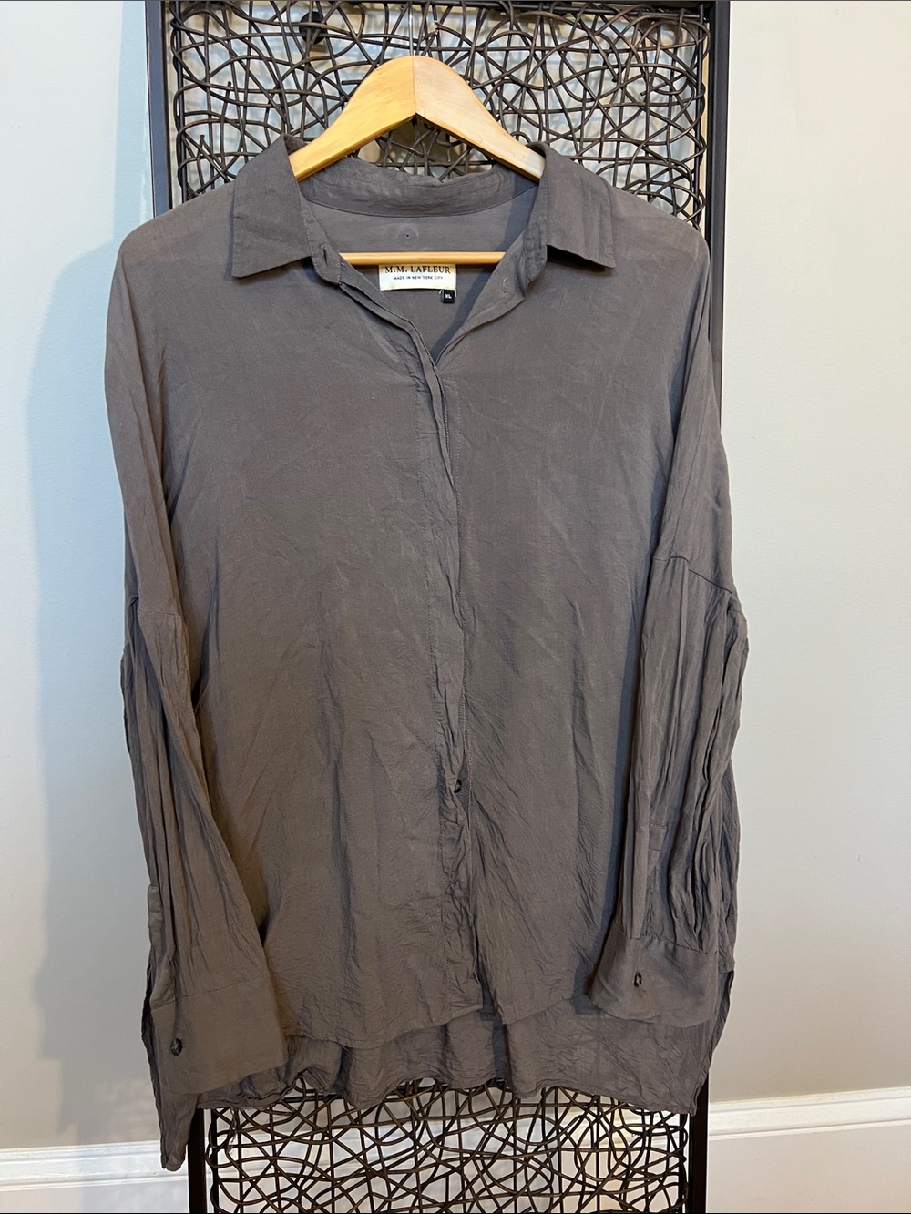M.M. Lafleur Gauzy Button Down Shirt Made in NYC USA cocoa brown grey Womens XL